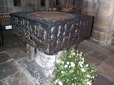 Other treasures dating from the twelfth century include the carved Baptismal font with its gorgeously  bold narrative carvings of the life of St. Nicholas 
